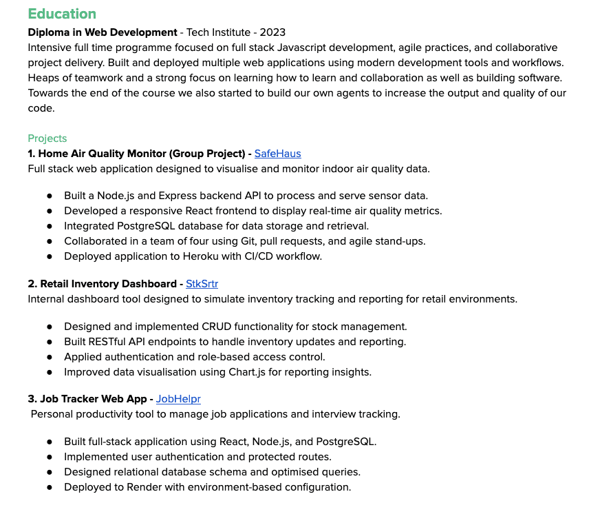 Strategic CV education and projects section