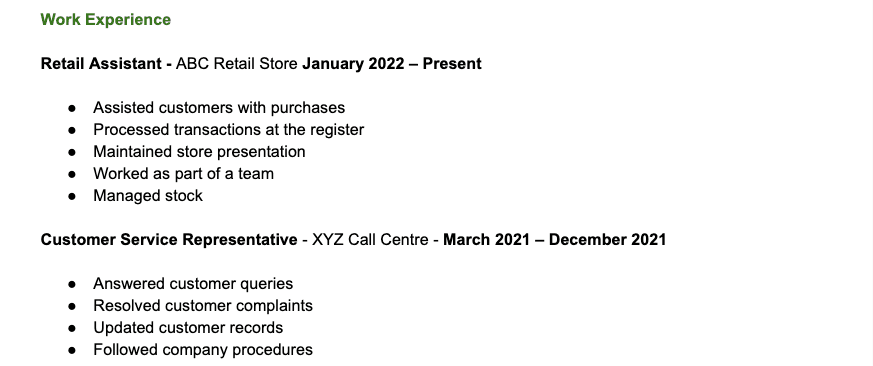 Generic CV experience section