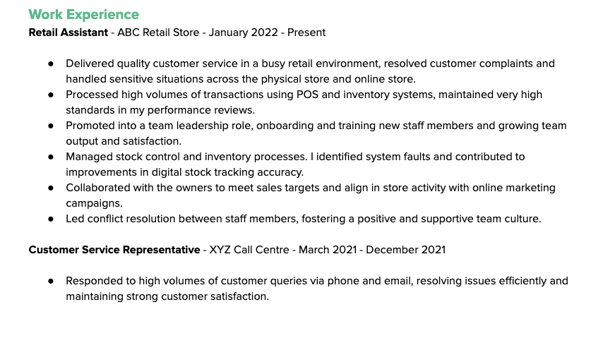 Strategic CV experience section, page one