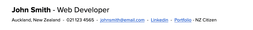 Strategic CV title and contact section