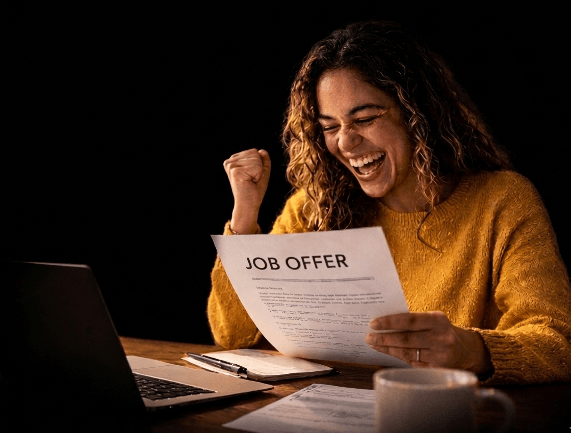A young person celebrating after receiving a job offer